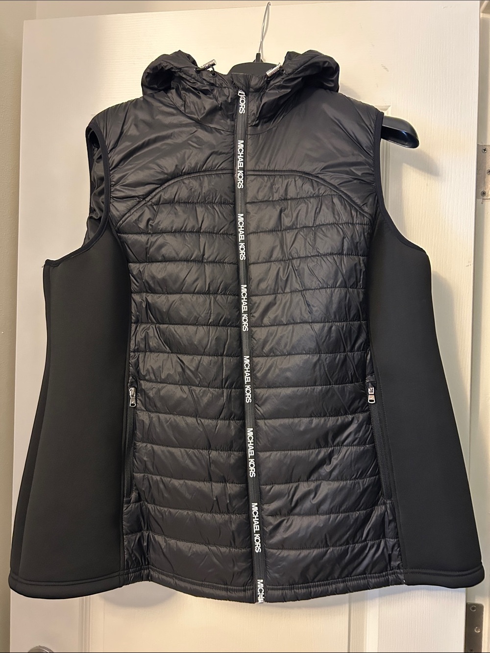 Michael Kors Black Quilted Hooded Sleeveless Scuba Puffer Vest with Branded Zip